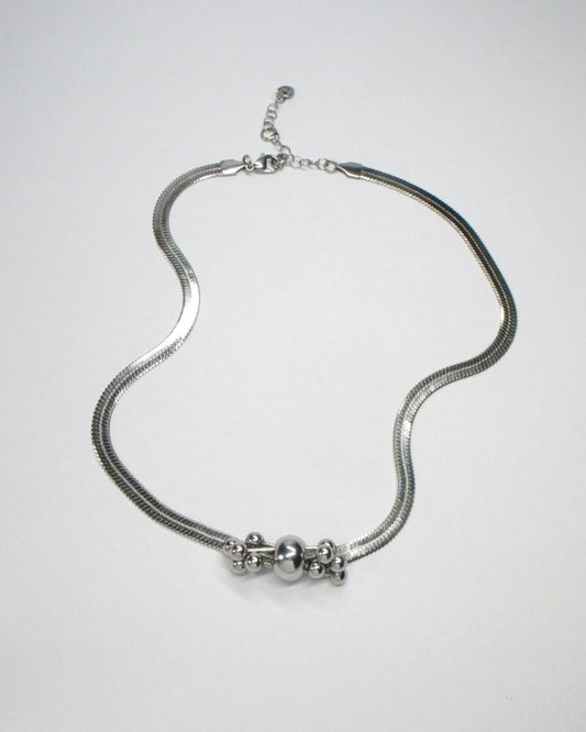 Multiple steel barbells decoration flat snake chain necklace still fluid portrait