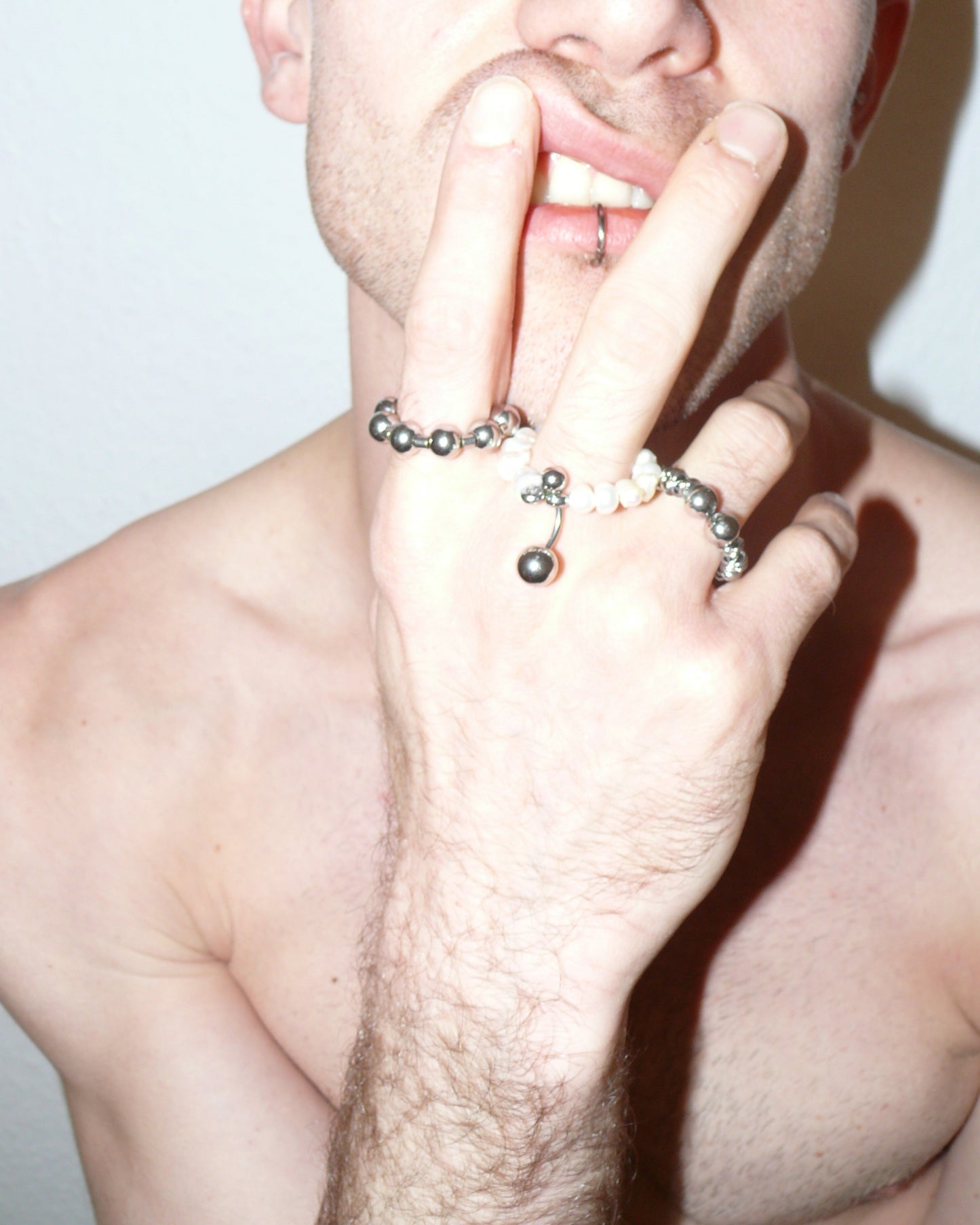 Steel ball chain and pearls cuff portrait on model