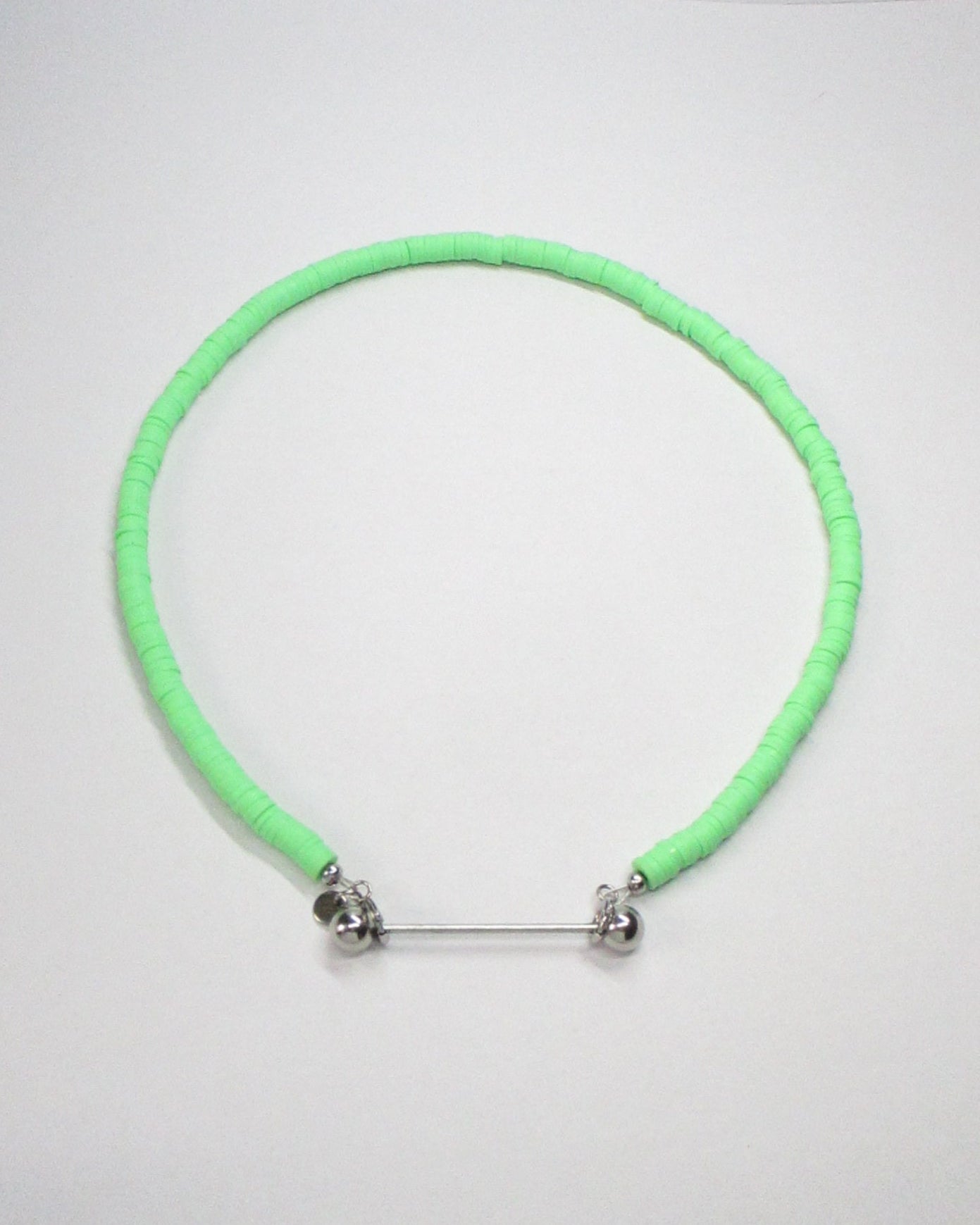 Brat green resin chips necklace with steel barbell closure still portrait