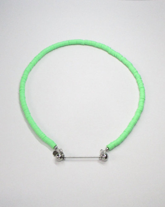 Brat green resin chips necklace with steel barbell closure still portrait
