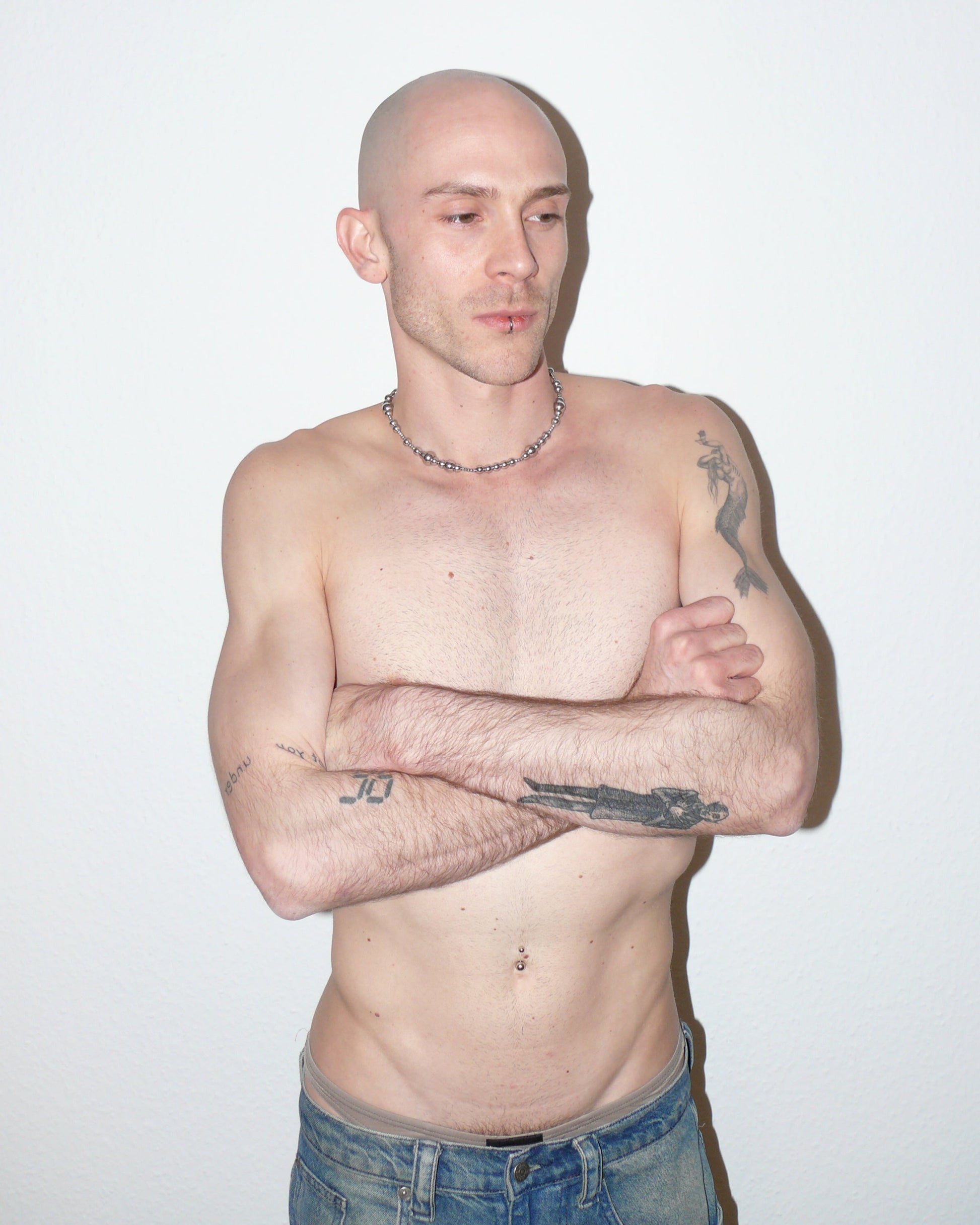 Bubbles steel necklace partial side portrait on model