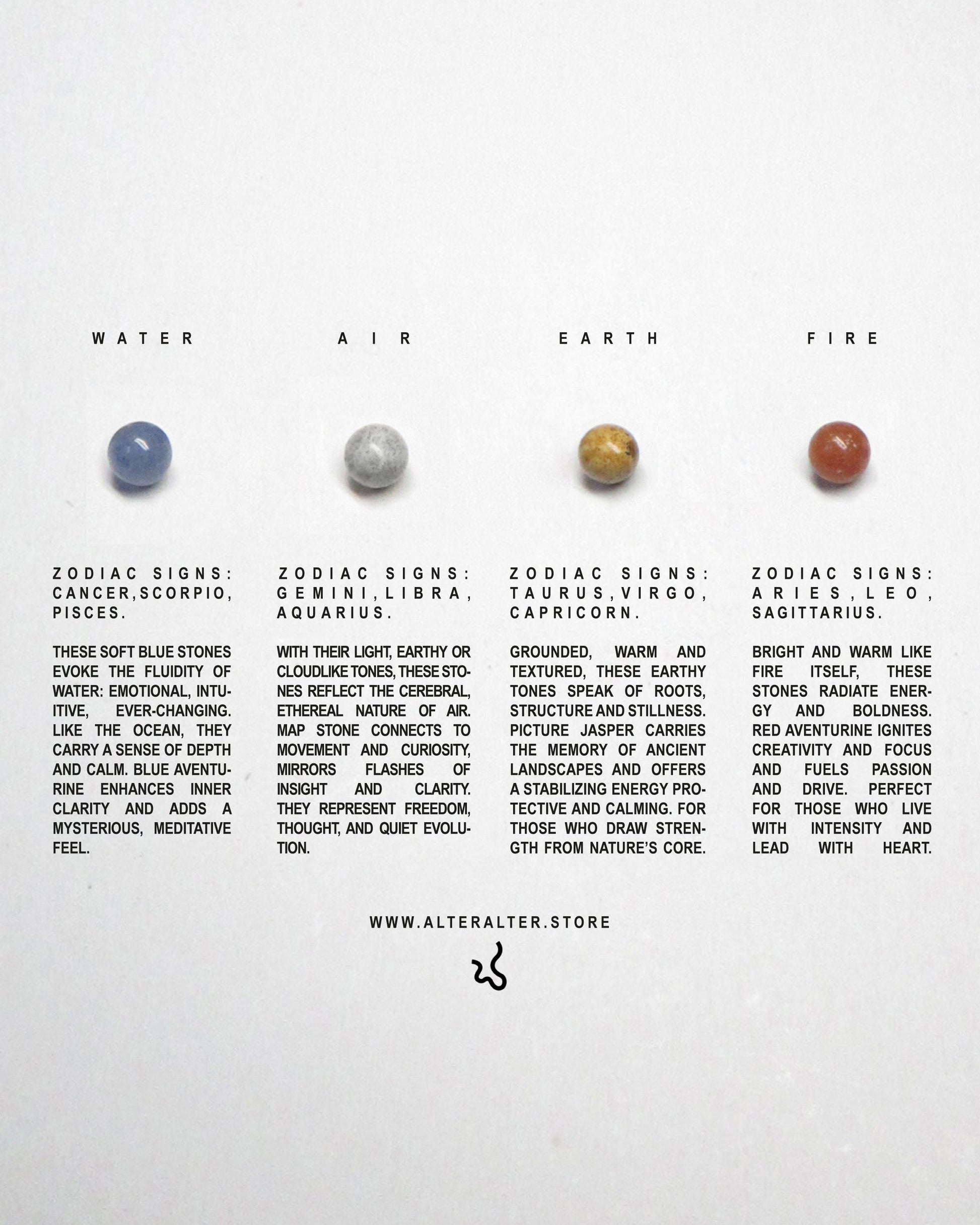 Four stones representing water, air, earth, and fire with corresponding zodiac signs
