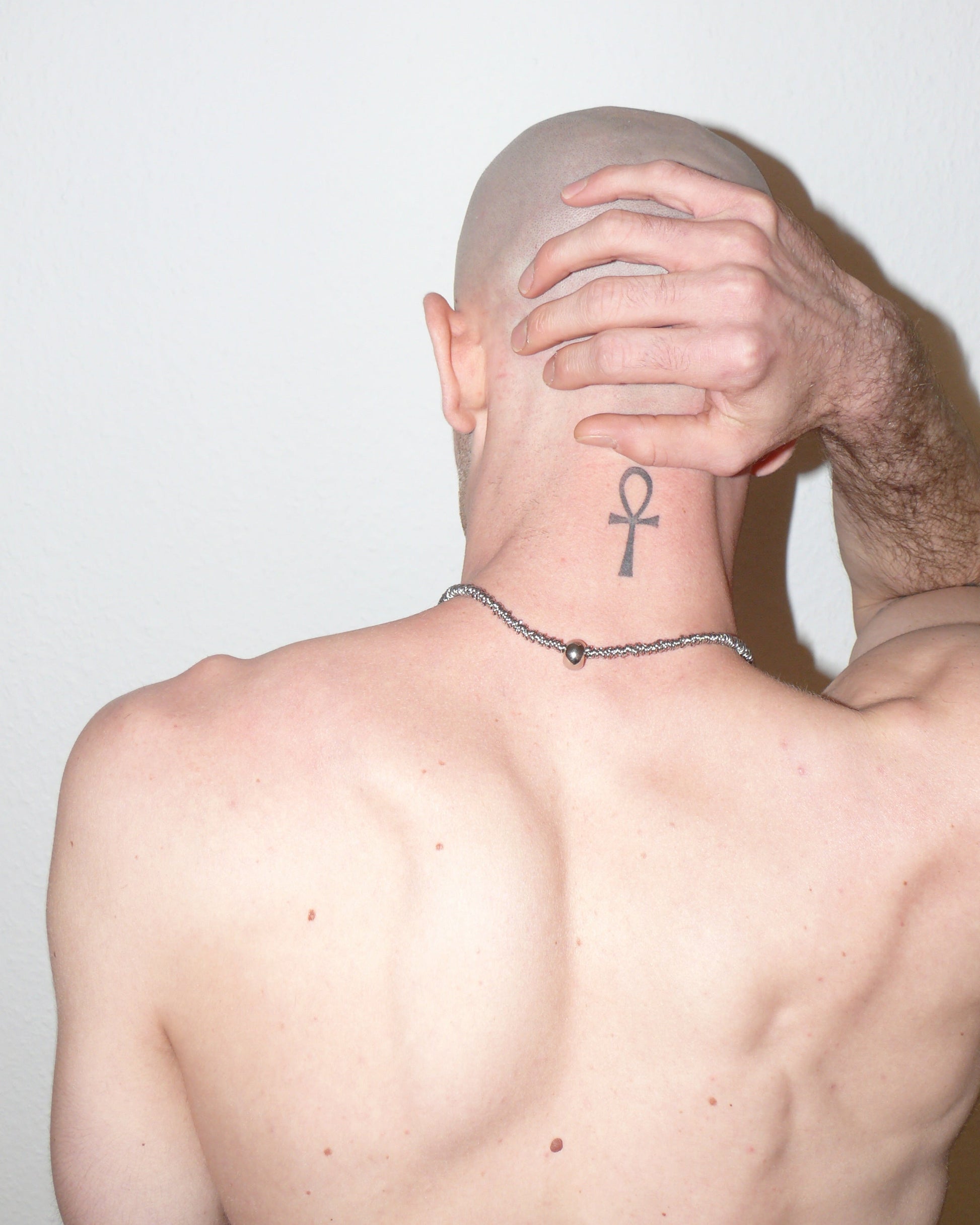 Mille steel rings necklace with central boulle decoration portrait model back