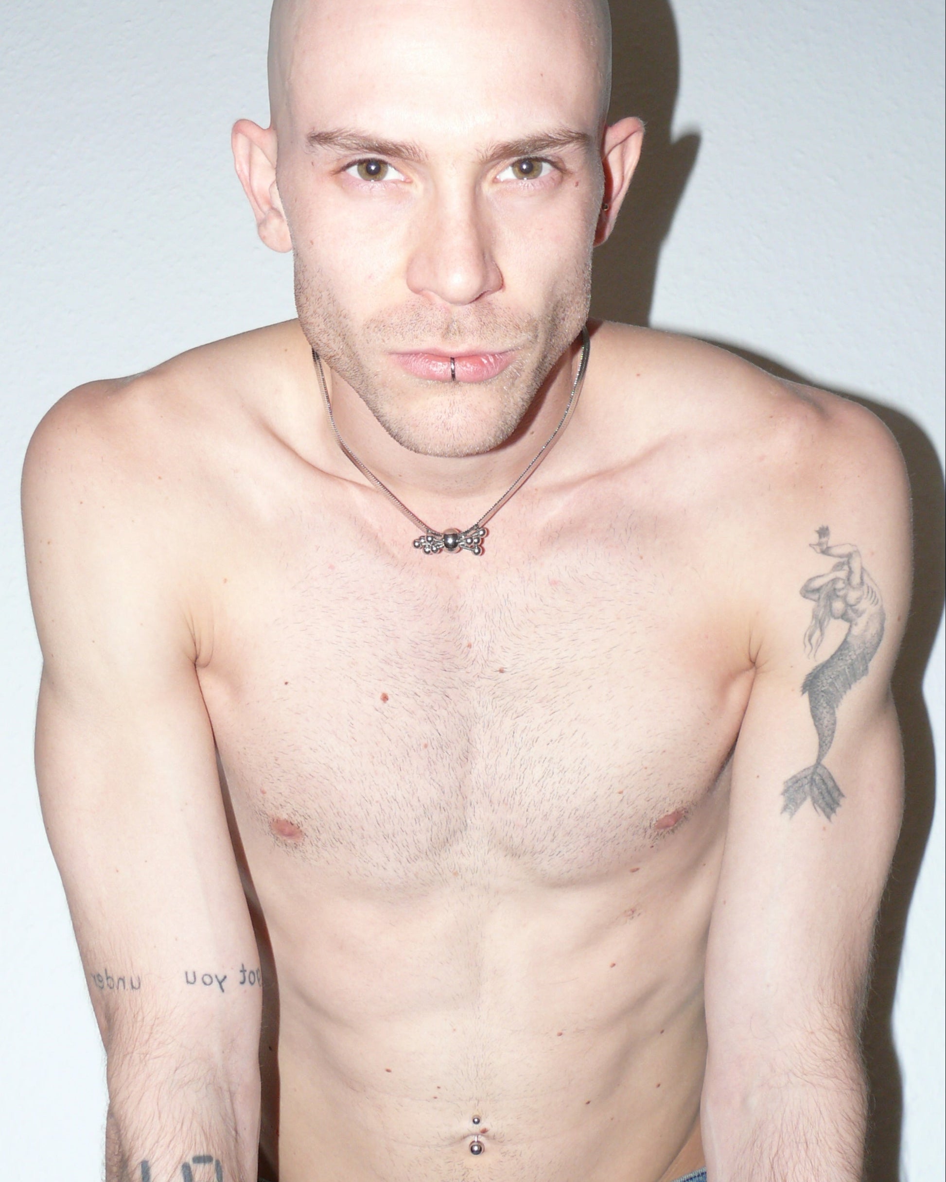 Multiple steel barbells decoration flat snake chain necklace portrait on model