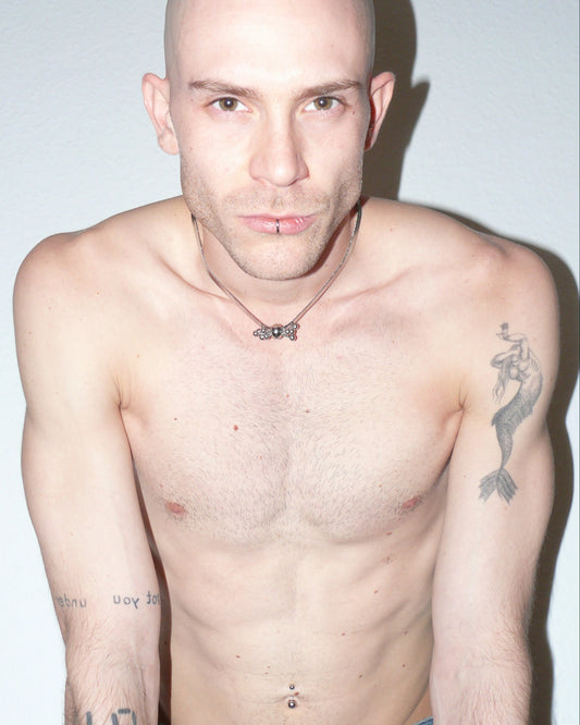 Multiple steel barbells decoration flat snake chain necklace portrait on model