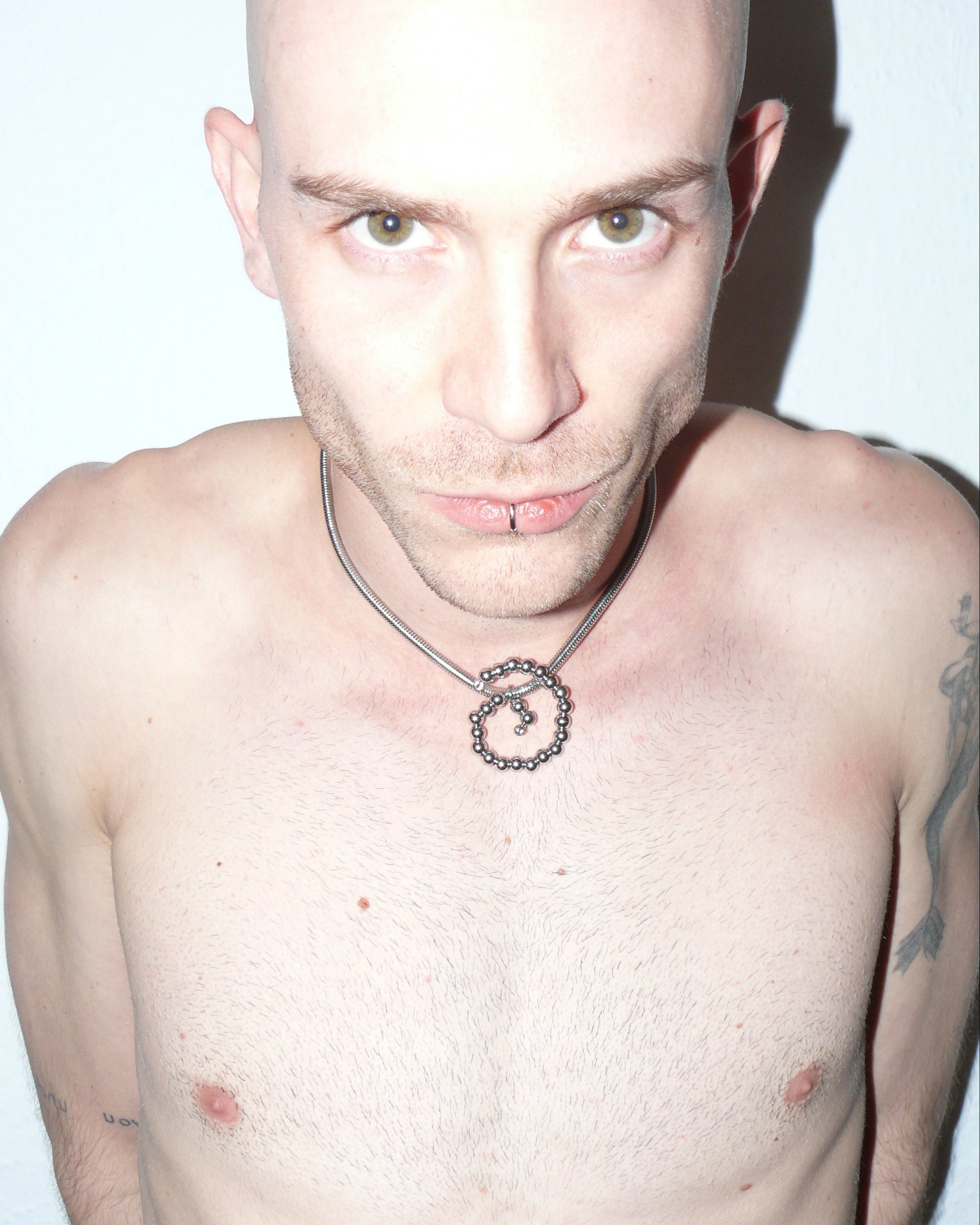 Steel beaded spiral snake chain necklace top close-up on model