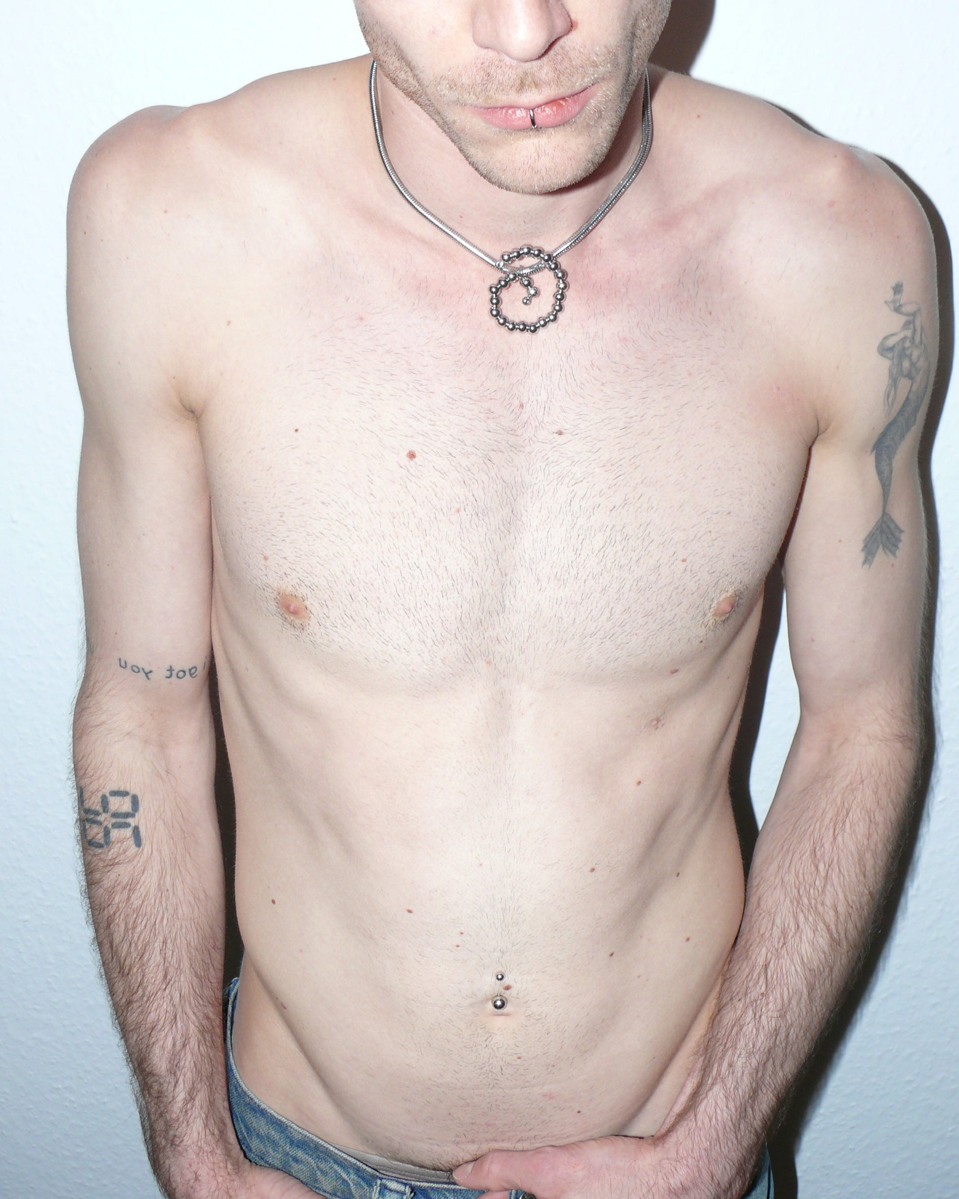 Steel beaded spiral snake chain necklace top portrait on model torso