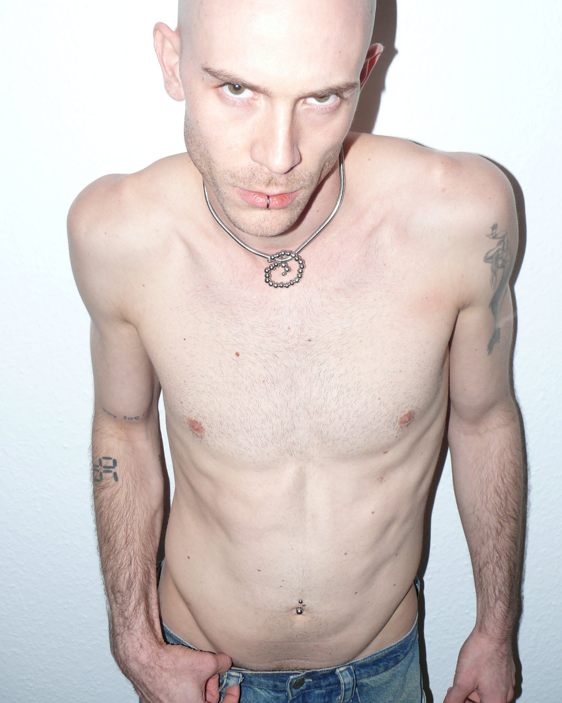 Steel beaded spiral snake chain necklace top portrait on model