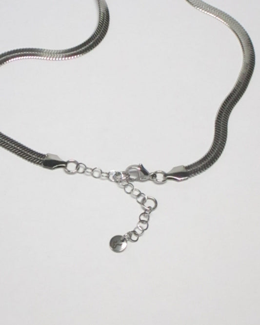 Steel flat snake chain detail still portrait