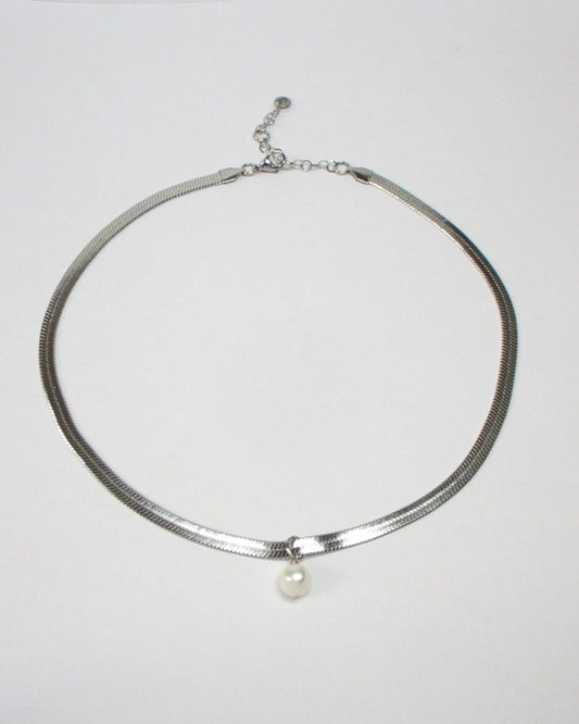 Steel flat snake chain with pearl pendant still portrait